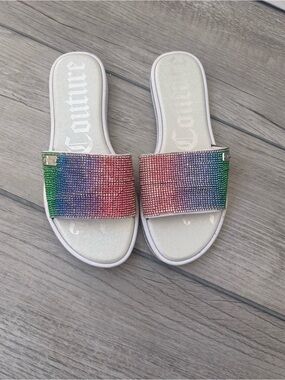 Juicy Couture Rainbow Crystal Strap Slide Sandals - White